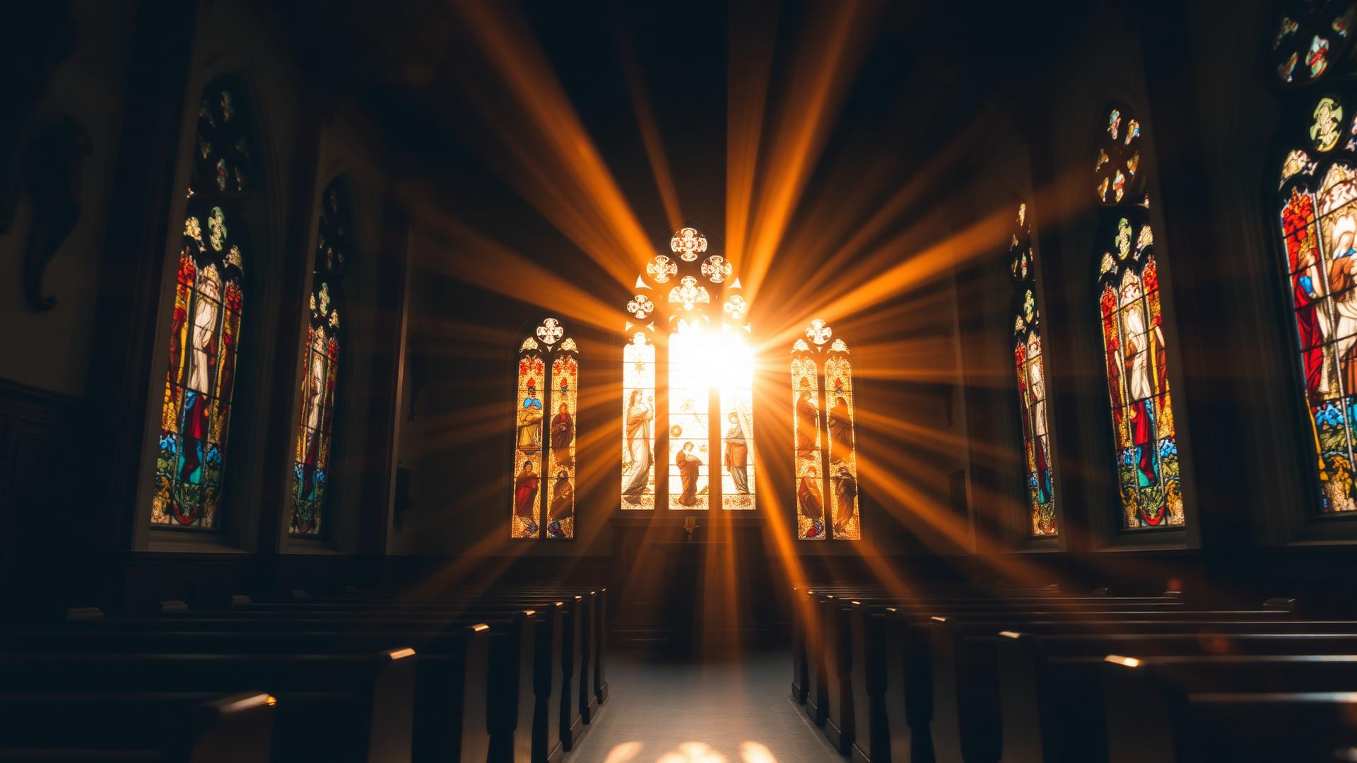 Church sanctuary with golden light streaming through stained glass windows